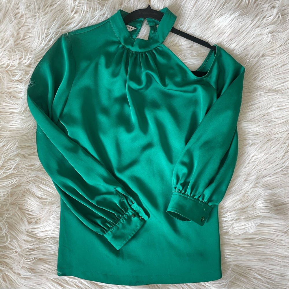 Trina Turk green blouse, one shoulder, long sleeve